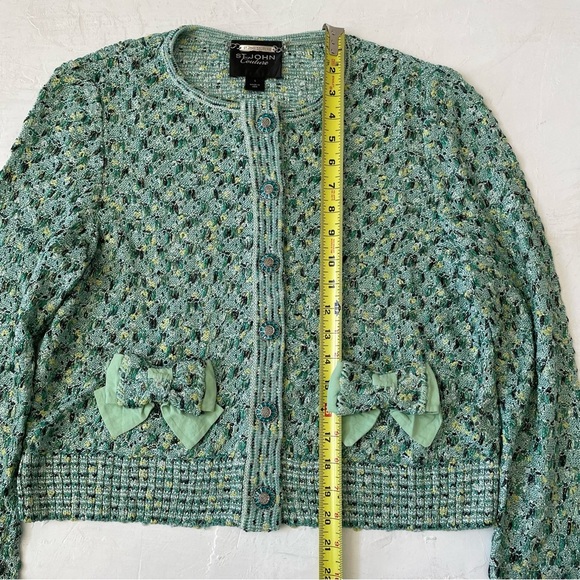 ST JOHN Couture Green Teal Tweed Knit Jacket Blouse with Bows Size L - Picture 4 of 10